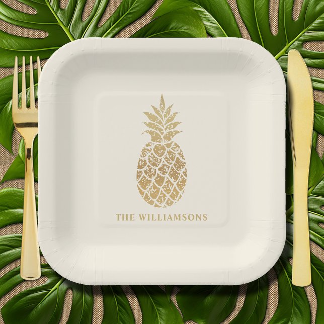 Assiettes En Carton Ananas Chic Gold (Chic gold pineapple personalized square ivory paper plates)