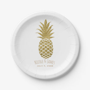Assiettes En Carton Ananas Doré Blanc Moderne Chic Tropical Party