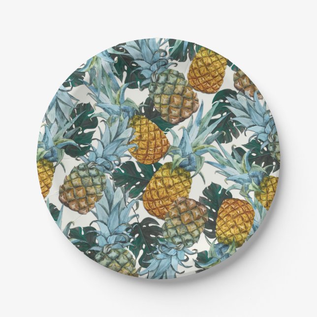 Assiettes En Carton Ananas et feuilles tropicales Fête d'anniversaire  (Devant)