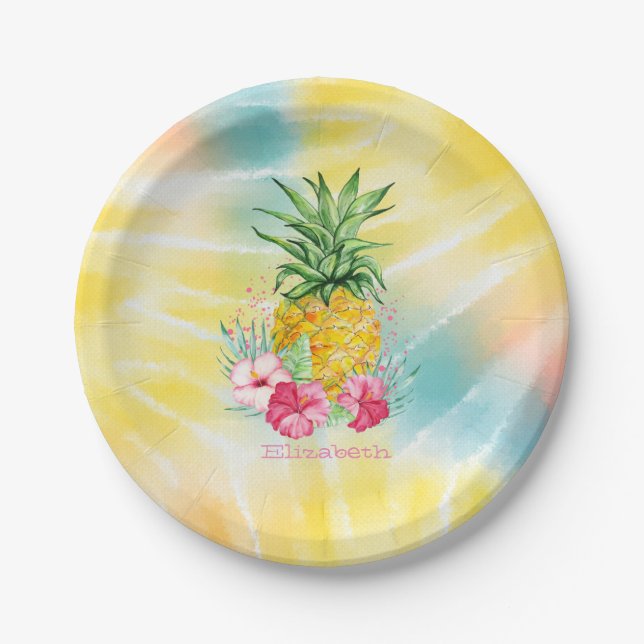 Assiettes En Carton Ananas, Hibiscus aquarelle Rainbow Tie Dye (Devant)