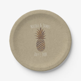 Assiettes En Carton Ananas Kraft Naturel Tropical Bronze Doré