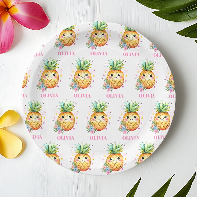Assiettes En Carton Ananas personnalisé Aloha 1er fête d'anniversaire (Personalized Pineapple Aloha 1st Birthday Party Paper Plates)