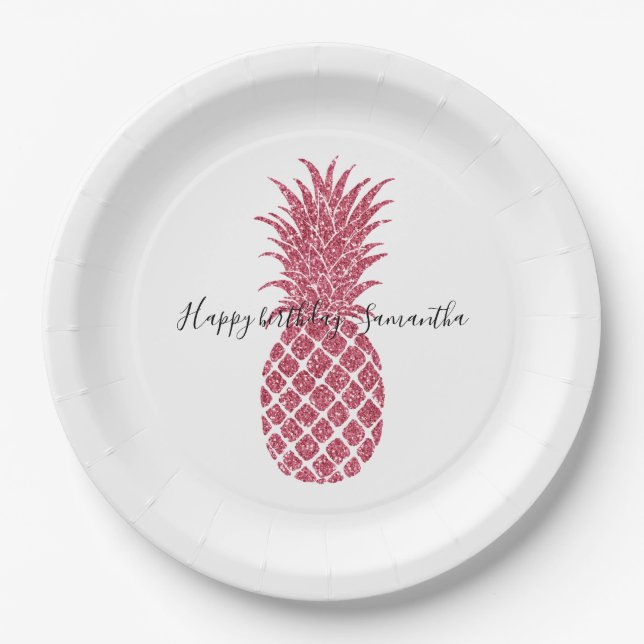 Assiettes En Carton Ananas Tropical Parties scintillant rose Fille (Devant)