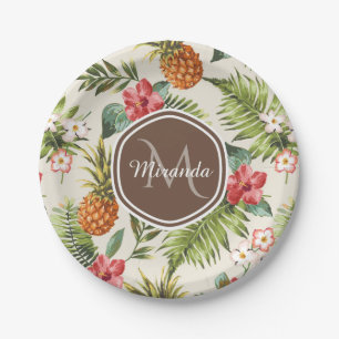 Assiettes En Carton Ananas tropicale exotique Floral Monogramme Brown