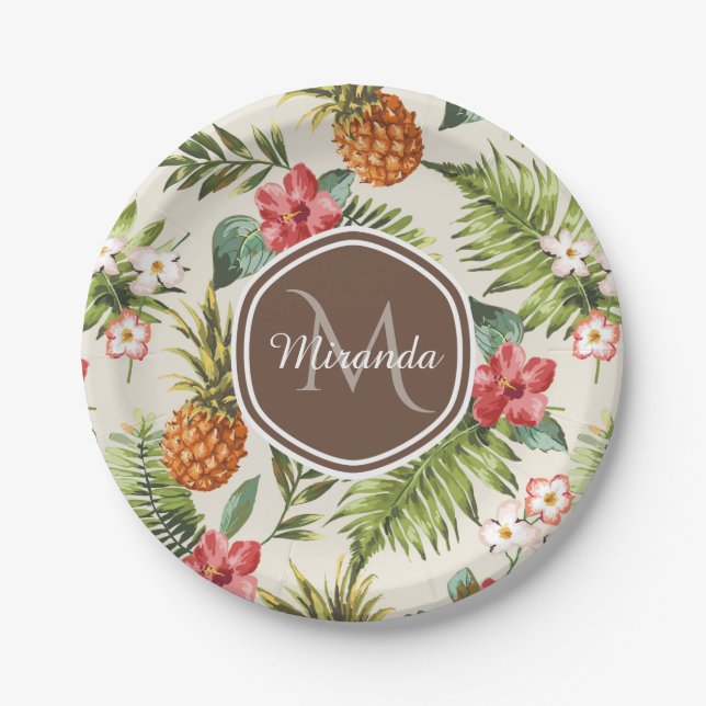 Assiettes En Carton Ananas tropicale exotique Floral Monogramme Brown (Devant)