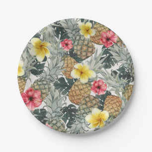Assiettes En Carton Ananas Tropicaux Floral Feuilles Fête Exotique
