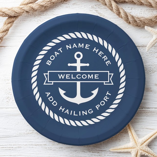 Assiettes En Carton Anchor and rope boat name hailing port welcome (Anchor and rope boat name hailing port welcome paper plates)