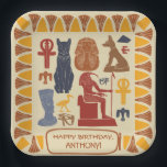 Assiettes En Carton Ancienne Egypte Fête Personnalisée À Thème<br><div class="desc">Ajoutez votre propre message pour créer des fournitures de fête personnalisées avec un thème égyptien. Ces plaques en papier présentent un collage de différentes illustrations inspirées de l'oeuvre de l'Egypte ancienne avec votre propre message personnalisé à l'intérieur d'un cadre en forme de cartouche. Les graphiques en jaune, orange, rouge, marron...</div>