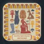 Assiettes En Carton Ancienne Egypte Fête Personnalisée À Thème<br><div class="desc">Ajoutez votre propre message pour créer des fournitures de fête personnalisées avec un thème égyptien. Ces plaques en papier présentent un collage de différentes illustrations inspirées de l'oeuvre de l'Egypte ancienne avec votre propre message personnalisé à l'intérieur d'un cadre en forme de cartouche. Les graphiques en jaune, orange, rouge, marron...</div>