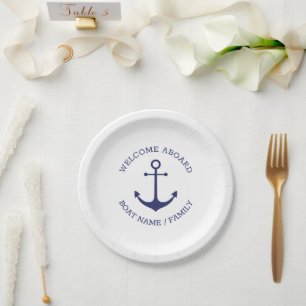 Assiettes En Carton Ancrage nautique marine blanc Custom Welcome Aboar