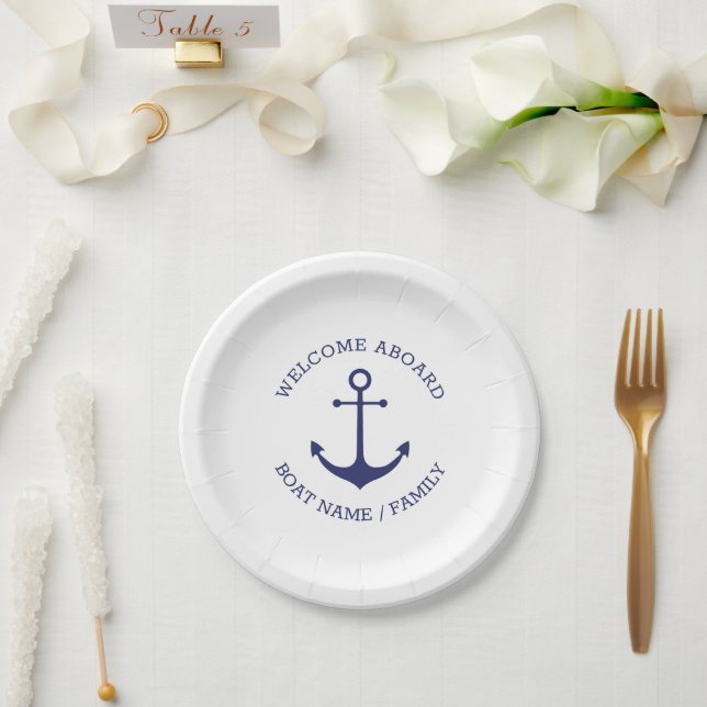Assiettes En Carton Ancrage nautique marine blanc Custom Welcome Aboar (Mariage)