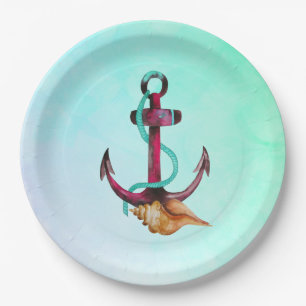 Assiettes En Carton Ancre avec corde et coquillage en aquarelles