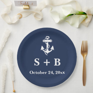 Assiettes En Carton Ancre Bleue Marine Plage Nautique Mariage Océan