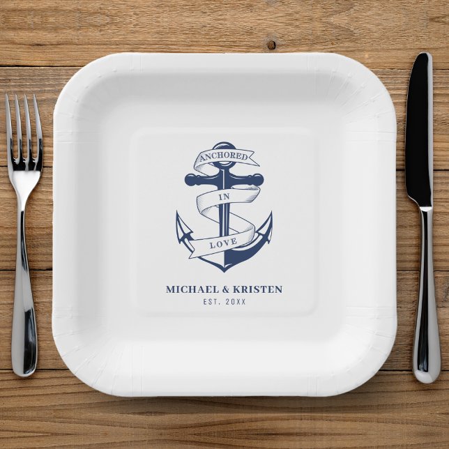 Assiettes En Carton Ancré dans l'amour blanc Mariage d'Ancres nautique (Anchored in Love Nautical Blue Anchor Wedding Paper Plates
)