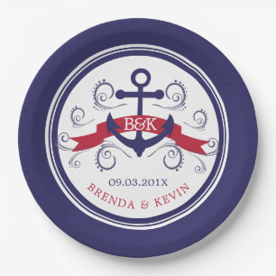 Assiettes En Carton Ancre de bateau nautique bleu marine et rouge avec