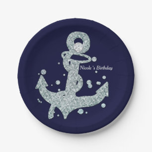 Assiettes En Carton Ancre de diamant nautique Bling Glam Fête sur la p