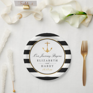 Assiettes En Carton Ancre d'or nautique vintage, Mariage noir et or