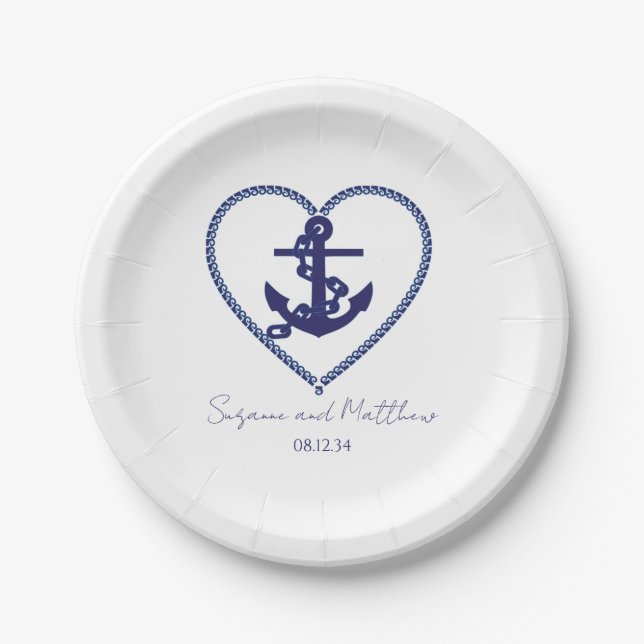 Assiettes En Carton Ancre Love Nautical Mariage Plaques de papier (Devant)