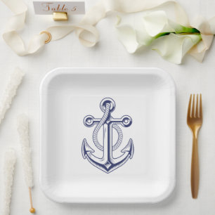 Assiettes En Carton Ancre Marine Marine Bleu Mariage nautique