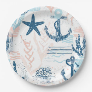 Assiettes En Carton Ancre nautique en détresse Étoile de mer Bleu Côti