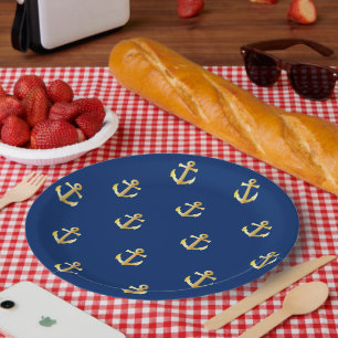 Assiettes En Carton Ancres Nautiques Jaune Chic Or Motif Sur Bleu