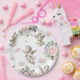 Assiettes En Carton Anges vintage Chérubins et carreau floral pastel