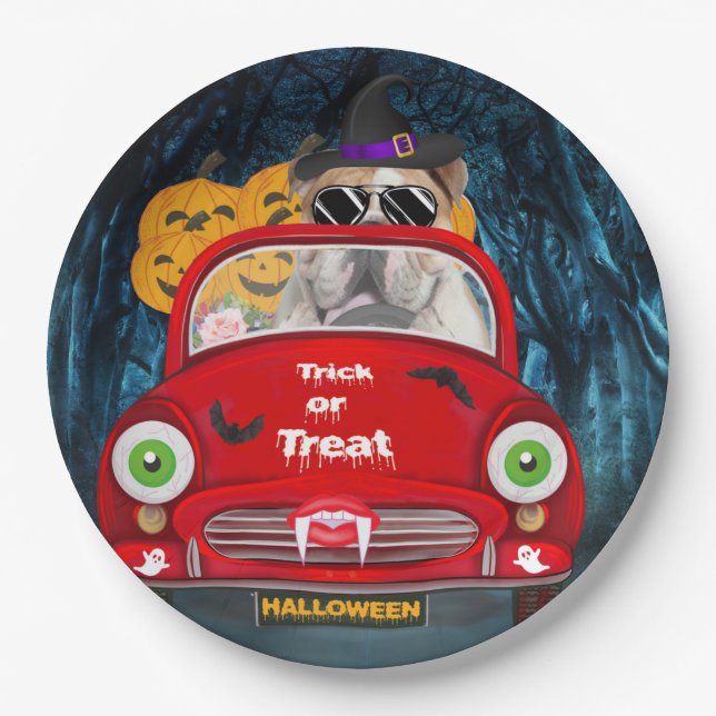Assiettes En Carton Anglais Bulldog Driving Car Effrayant Halloween (Devant)