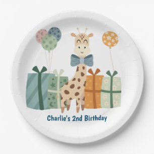 Assiettes En Carton animal de fête, Girafe avec cadeaux et ballon