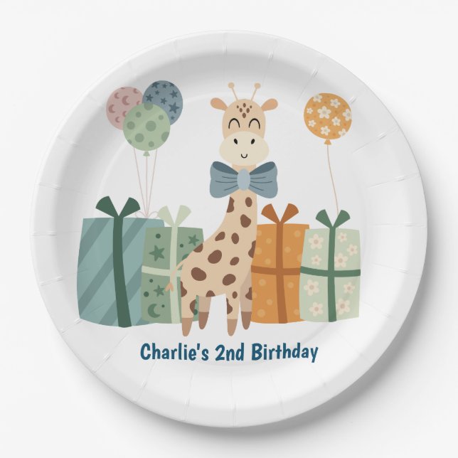 Assiettes En Carton animal de fête, Girafe avec cadeaux et ballon (Devant)