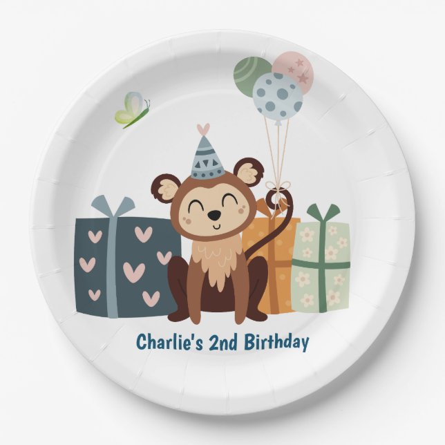 Assiettes En Carton Animal de fête, Singe avec cadeaux et ballon (Devant)