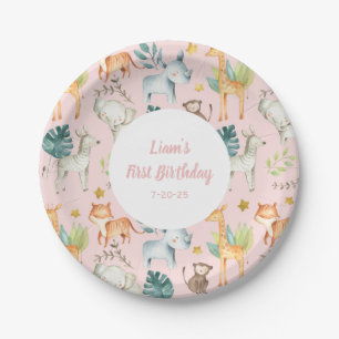 Assiettes En Carton animal Safari rose Fille Premier anniversaire