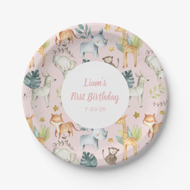 Assiettes En Carton animal Safari rose Fille Premier anniversaire (Devant)