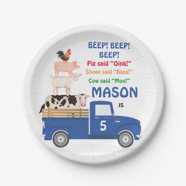Assiettes En Carton Animaux Camion bleu Plaque de papier d'anniversair (Devant)