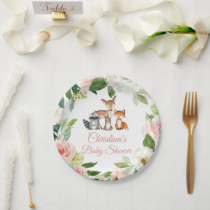 Assiettes En Carton Animaux de bois et Baby shower de fleurs roses