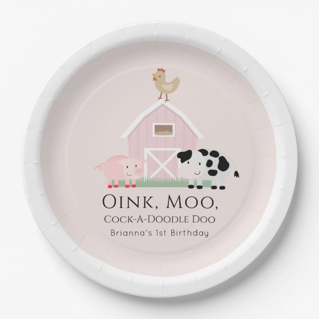 Assiettes En Carton Animaux de ferme Barnyard Girl rose Anniversaire (Devant)