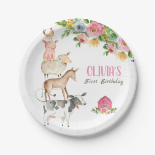 Assiettes En Carton Animaux de ferme Barnyard Zoo Party Fille rose Ann