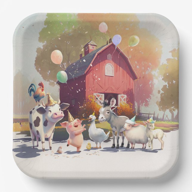 Assiettes En Carton Animaux de ferme Plaques de papier de fête d'anniv (Recto)