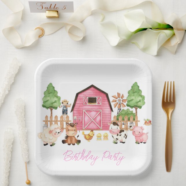 Assiettes En Carton Animaux de ferme roses fête d'anniversaire (Mariage)