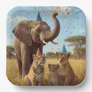 Assiettes En Carton Animaux de fête de safari africain avec confettis