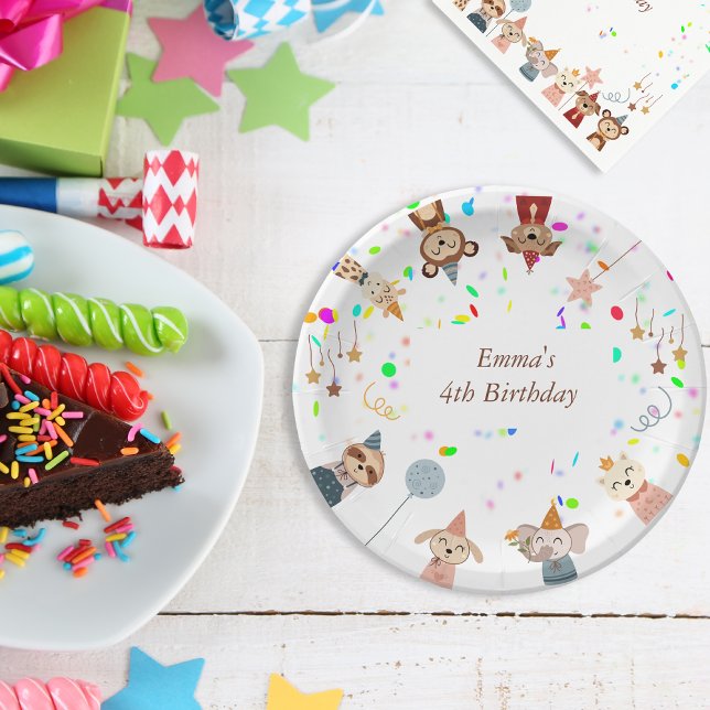 Assiettes En Carton Animaux de fête personnalisable (Girly Birthday Party Animals customizable Paper Plates)
