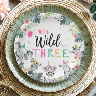 Assiettes En Carton Animaux de fête Safari fille rose troisième annive