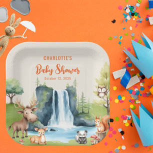 Assiettes En Carton Animaux de forêt Baby shower orange personnalisé