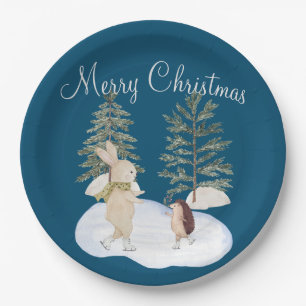 Assiettes En Carton Animaux de la forêt au patin à glace aquarelle sur