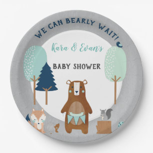 Assiettes En Carton Animaux de la forêt de bois Ours Rustique Bleu Gri