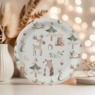 Assiettes En Carton Animaux de la forêt vert sauge rustique Baby Showe
