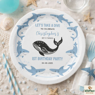Assiettes En Carton Animaux de la mer Requin 1er Anniversaire   Sous l