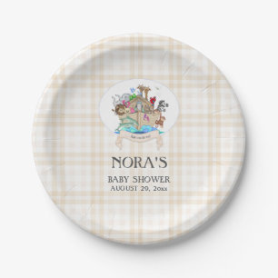 Assiettes En Carton Animaux de l'Arche de Noé Gingham Ivoire Beige