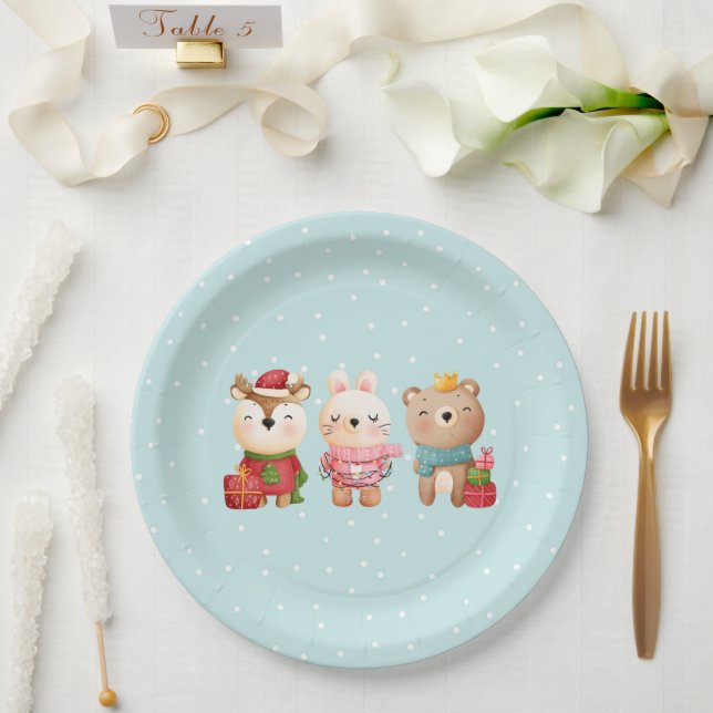 Assiettes En Carton Animaux de Noël en tenue festive (Mariage)
