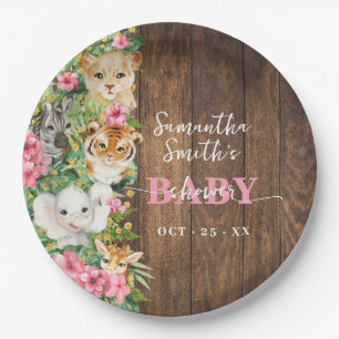 Assiettes En Carton Animaux de Safari Fête de Bébé Rustique Rose