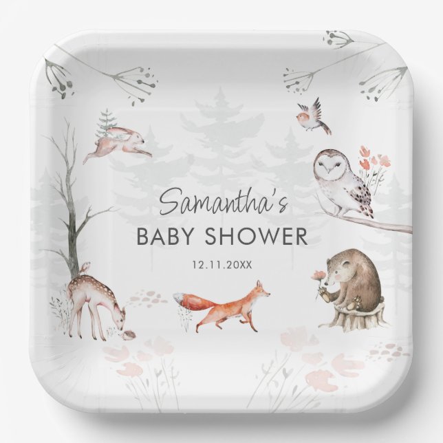 Assiettes En Carton Animaux des bois Baby shower forestier rustique (Recto)